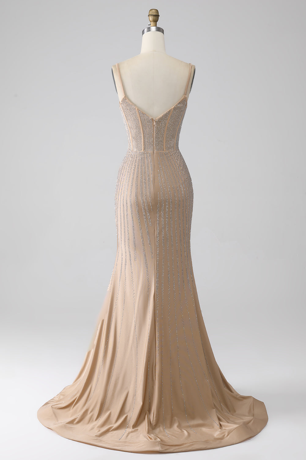 Luolandi Champagne Mermaid Beaded Spaghetti Straps Long Prom Dress Sparkly Evening Dress